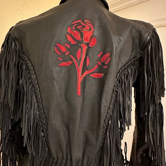 Black Fringe Leather Biker Jacket with Cut Out Rose Details - Picture 14 of 16